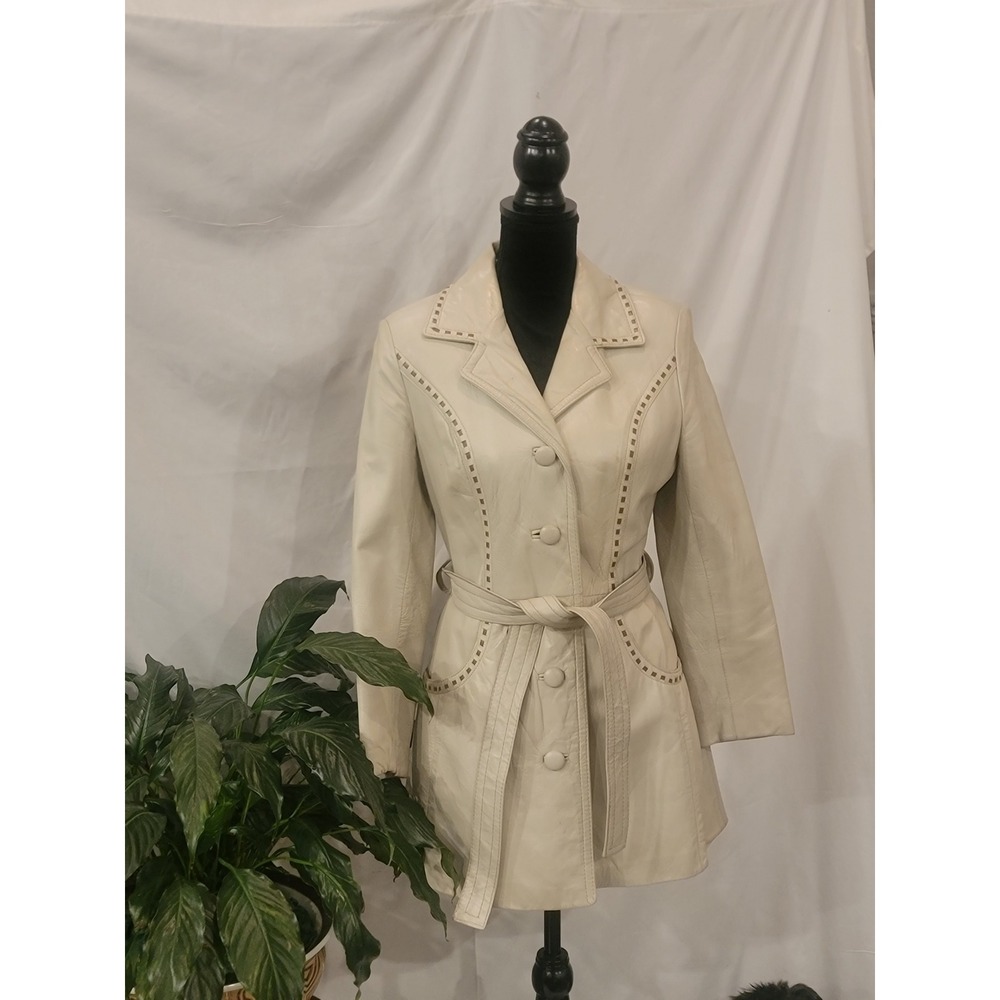 Vintage‎ 24K Leather by Dan Di Modes Cream Trench Coat Whipstitch Detail Belted